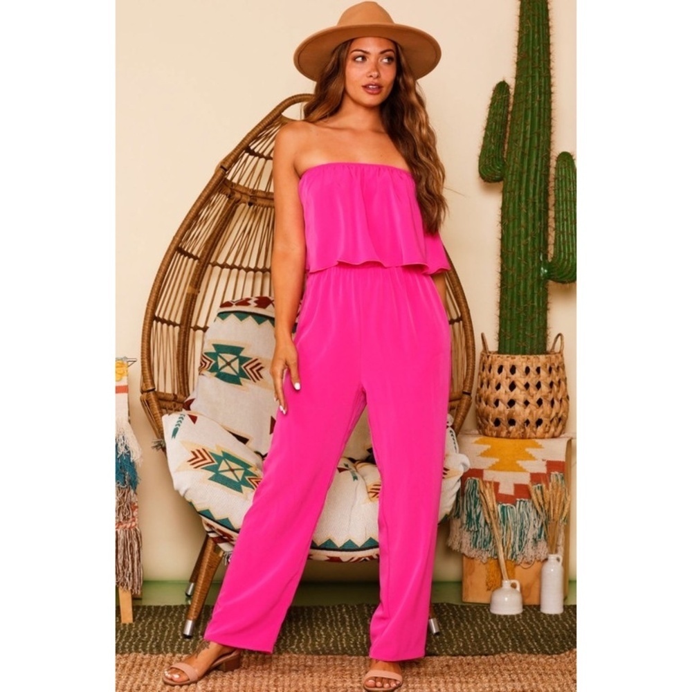 Fantastic Fawn Hot Pink Strapless Wide Leg Jumpsuit - Picture 3 of 10